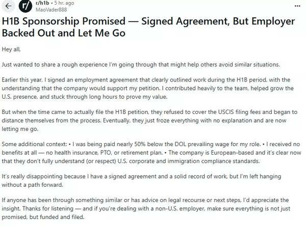 Redditor says company broke promise of H-1B sponsorship despite agreement.