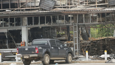 A convenience store at a gas station is damaged after Cambodia fired artillery shells in Sisaket province, Thailand (Pic credit: AP) Thailand warns of war with Cambodia, clashes enter day 2