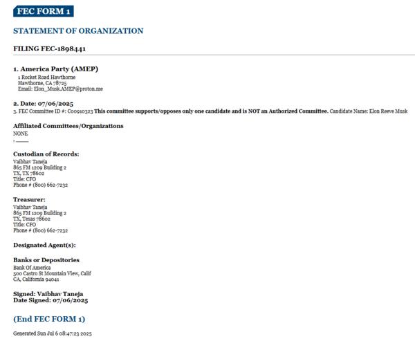 FEC form of Elon Musk's America Party.