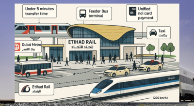 Etihad Rail’s full phase will deploy 13 trains carrying 400 passengers each, serving 36.5 million riders annually by 2030/ Image: Etihad Rail (X) UAE: Etihad Rail launch in 2026 will come with full metro, bus, taxi integration and Nol access
