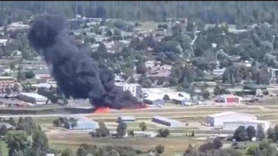 Watch: Plane carrying 4 crashes at Montana airport; large fire erupts