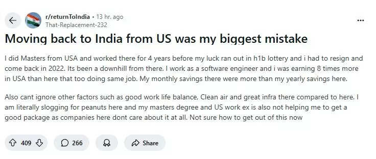 The Redditor laments visa expiry and return back to India in a viral post. The Redditor laments visa expiry and return back to India in a viral post.