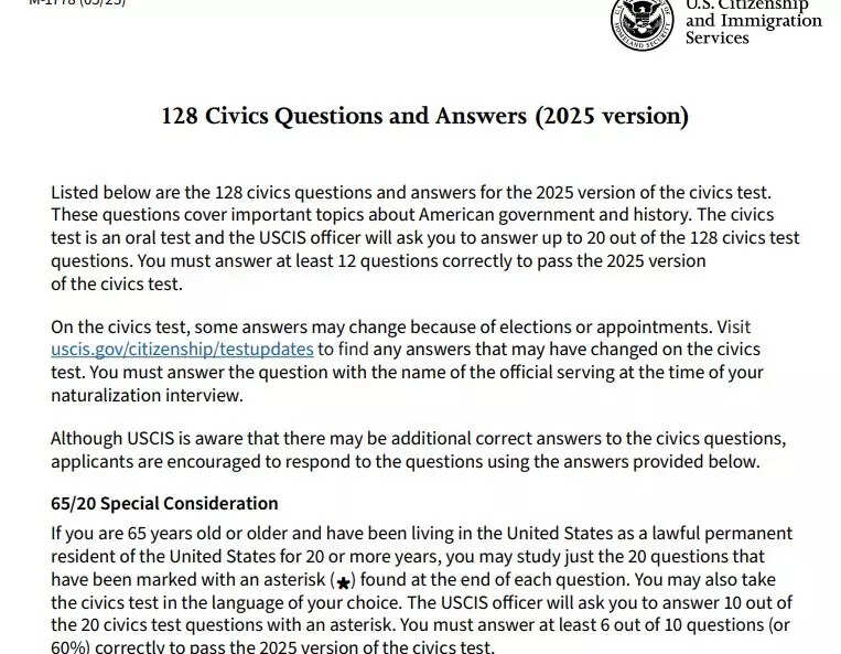 New US citizenship test with 128 Civics questions to study has been released.