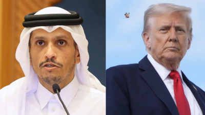 Qatar PM Sheikh Mohammed Al Thani and Donald Trump (AP) Balancing act: Donald Trump dines with Qatar’s PM after Israeli strike in Doha; Rubio to meet Netanyahu next