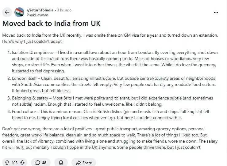 The Reddit post on moving back to India from the UK went viral.