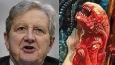 John Kennedy (L), picture from the 1979 movie, 'Alien' (R) 'You'll look like alien': Senator Kennedy holds up movie poster to warn against eating shrimp; watch