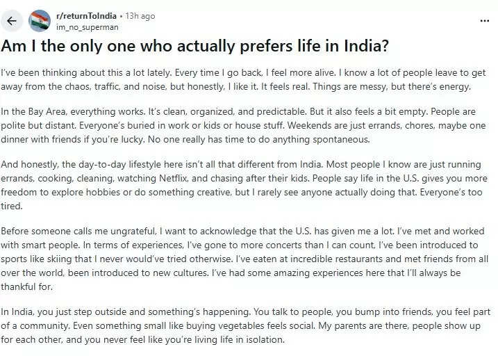 A Redditor posted about how life is better in India than in the US.