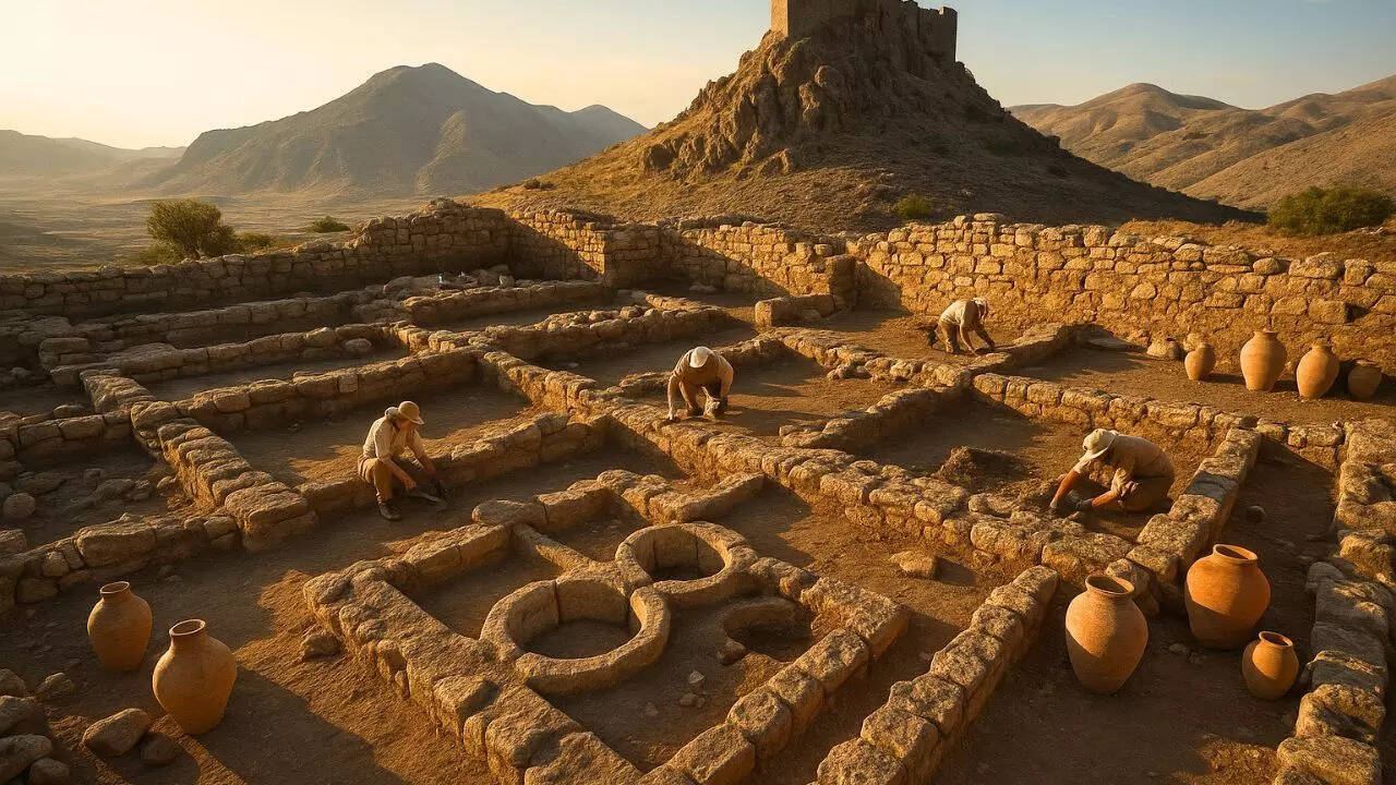 Representative AI image Aerial view of an archaeological site near a mountain castle in Turkey, showing stone ruins, ancient grape-crushing basins, and clay jars under sunlight, archaeologists working carefully, cinematic lighting, realistic detail, 16:9 composition.