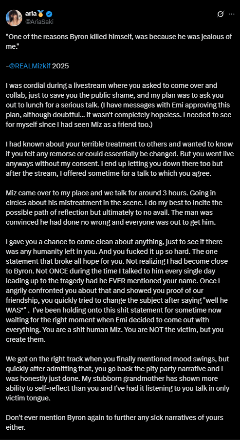 AriaSaki called out MizKif for terrible behavior in a tweet (Image via: AriaSaki/X) AriaSaki Mizkif