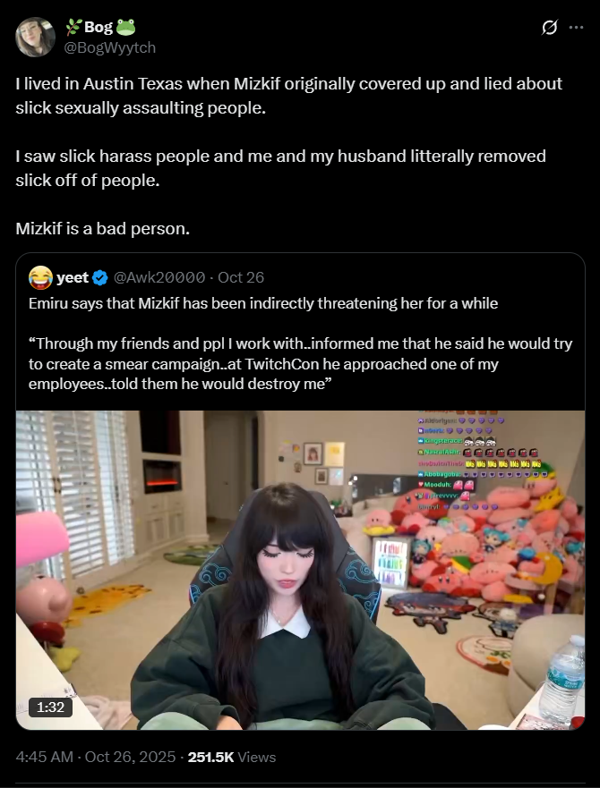 BogWytch called Mizkif a bad person in her tweet (Image via: BogWyytch/X) bogwytch mizkif