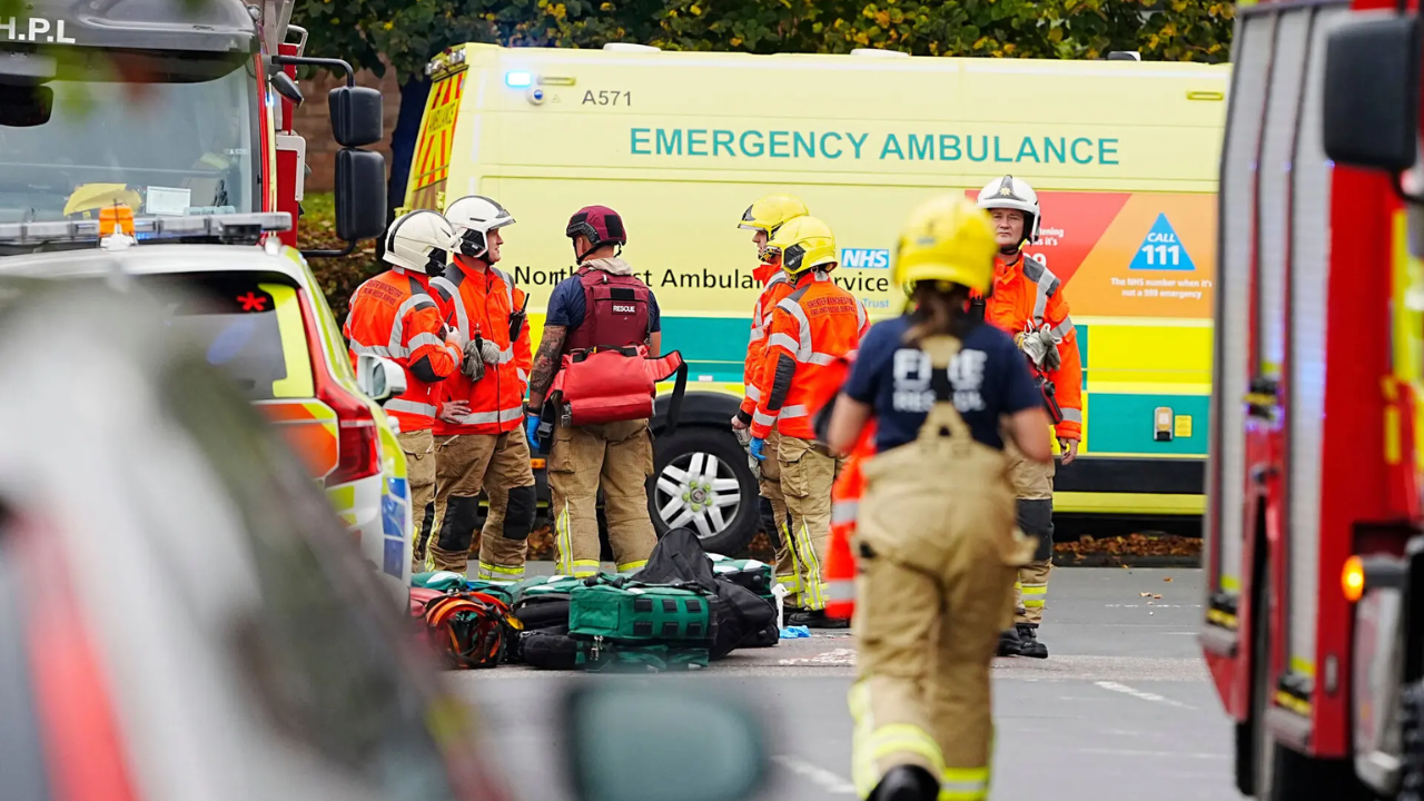 Emergency services at the scene of a stabbing at Heaton Park Hebrew Congregation synagogue, in Crumpsall. (Pic credit: AP)