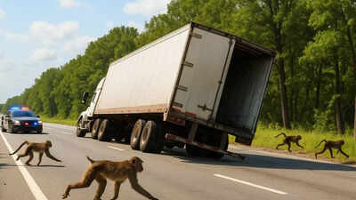 Representative AI image Monkey madness in Mississippi: Lab monkeys escape from truck after highway crash