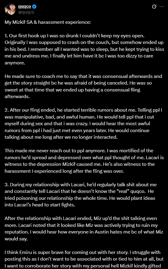 Quqco's allegations against Mizkif (Image via: quqco/X) quqco mizkif allegations