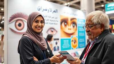 A healthcare professional warmly engages a visitor at a modern exhibition booth, highlighting eye health resources. Saudi Arabia launches nationwide awareness drive for World Sight Day and White Cane safety day