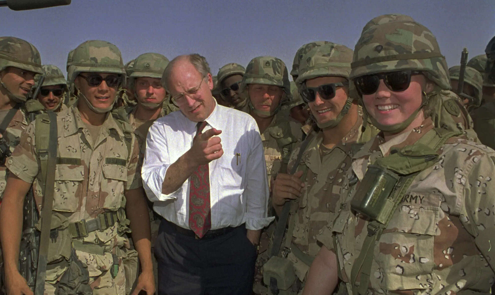 FILE - Defense Secretary Dick Cheney poses with some of the U.S. Army troops stationed in southern Iraq in this May 7, 1991 file photo. (AP Photo/Bill Haber, File) Dick Cheney, one of the most powerful and polarizing vice presidents of US history, dies at 84
