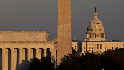 The Lincoln Memorial, Washington Monument and the U.S. Capitol near sunset in Washington, Tuesday, Nov. 4, 2025. (AP Photo) US government shutdown ties record for longest in history