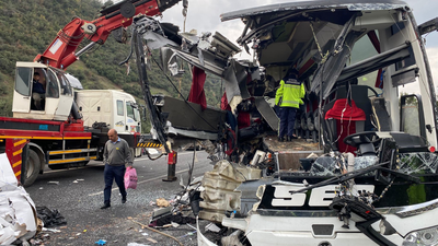 Visuals from the accident (Image/X@x10mirbeyx) Turkey road accident: 7 killed, multiple injured after intercity bus crashes into lorry; driver detained