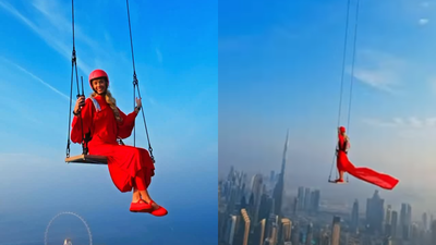 Belgian skydiver Magali Folkner Braff performed a world-first swing stunt 1,000 feet above Dubai’s skyline/Image: X Watch: Belgian skydiver Magali Folkner Braff’s daring swing above Dubai’s skyline