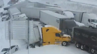 Watch: Drone footage shows massive 100-vehicle pile-up on Michigan highway amid snowstorm