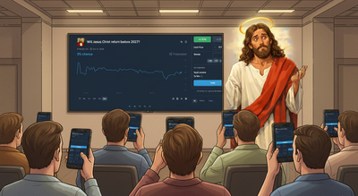 Polymarket traders currently give Jesus Christ’s return before the end of 2026 a roughly three percent chance/ AI Illustration Will Jesus return by 2026? Prediction markets are taking real money bets on the Second Coming!