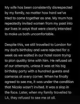 The Beckhams consistently disrespected Nicola, Brooklyn said.