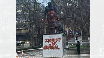 Winston Churchill's statue vandalised in London (Image/X@BROKENBRITAIN0) Winston Churchill statue vandalised in London: Man arrested for writing ‘Free Palestine’