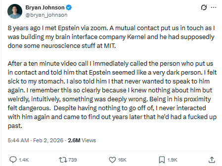 Bryan Johnson tweets about his brief encounter with Epstein Bryan Johnson tweets about his brief encounter with Epstein