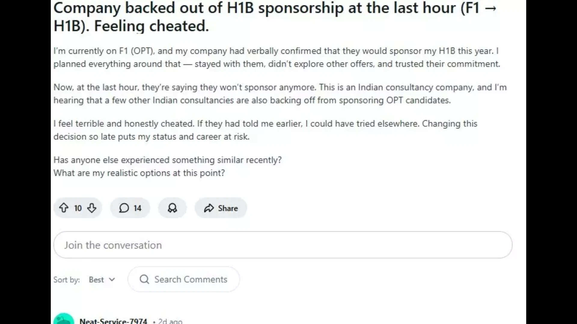 Indian student on F-1 visa says company backed off from sponsoring H-1B at the last moment.
