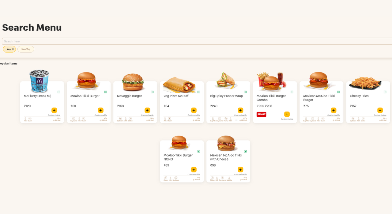 Veg offerings in an Indian Mcdonalds Menu Mcd