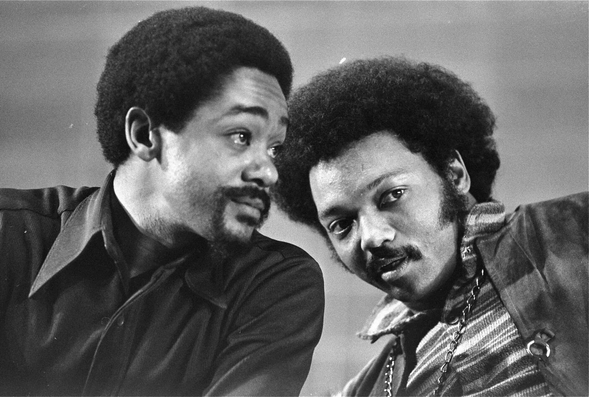FILE - Bobby Seale, left, and the Rev. Jesse Jackson talk at the National Black Political Convention in Gary, Ind., March 12, 1972. (AP Photo, File) Obit Jesse Jackson