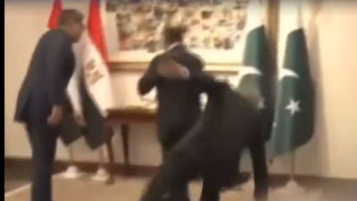 Pak deputy PM falls (Screengrab from video posted on X) Pakistan deputy PM Ishaq Dhar falls while welcoming Egyptian FM to Middle East peace talks, video goes viral