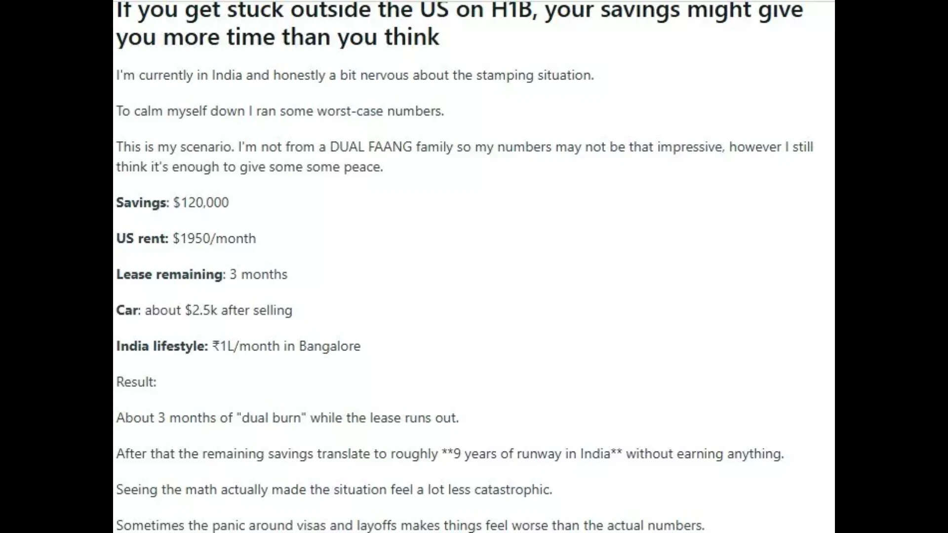 H-1B Redditor's viral calculation showing savings could last 9 years in India.