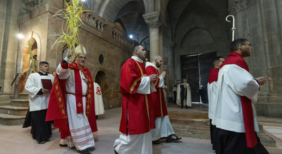 Pierbattista Pizzaballa, the Latin Patriarch of Jerusalem, Second from the left, walks in a procession during the Palm Sunday Mass in the Church of the Holy Sepulchre, traditionally believed by many to be the site of the crucifixion and burial of Jesus Christ, in Jerusalem’s Old City, Sunday, March 24, 2024. (AP Photo/Ohad Zwigenberg) Israel blocks senior Catholic leaders from Jerusalem church on Palm Sunday ‘first time in centuries,’ access restored