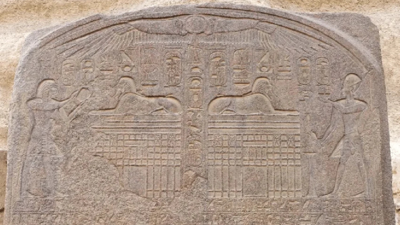 Relevant section of the Dream Stele of Thutmose IV (c. 1400 BCE), showing the “palace facade” beneath the Sphinx. Photo: R.M.S. & Catherine Ulissey (2015). Relevant section of the Dream Stele of Thutmose IV (c. 1400 BCE), showing the “palace facade” beneath the Sphinx. Photo: R.M.S. & Catherine Ulissey (2015).