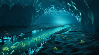 A hidden, glowing river beneath Antarctic ice, teeming with microscopic life and intricate ice formations| Image Credit: TIL Creatives Hidden beneath Antarctic ice, scientists uncover a living river-like ecosystem