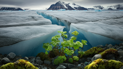 Image illustrating melting glacial ice exposing resilient tundra plants, a serene yet melancholic testament to Baffin Island's changing landscape| Image Credit: TIL Creatives Scientists uncover 40,000-year-old frozen plants beneath ice on Baffin Island