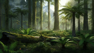 Image illustrating a vibrant, hyperrealistic Cretaceous rainforest near the South Pole, bathed in dappled sunlight| Image Credit: TIL Creatives Scientists say Antarctic mud revealed a rainforest near the South Pole