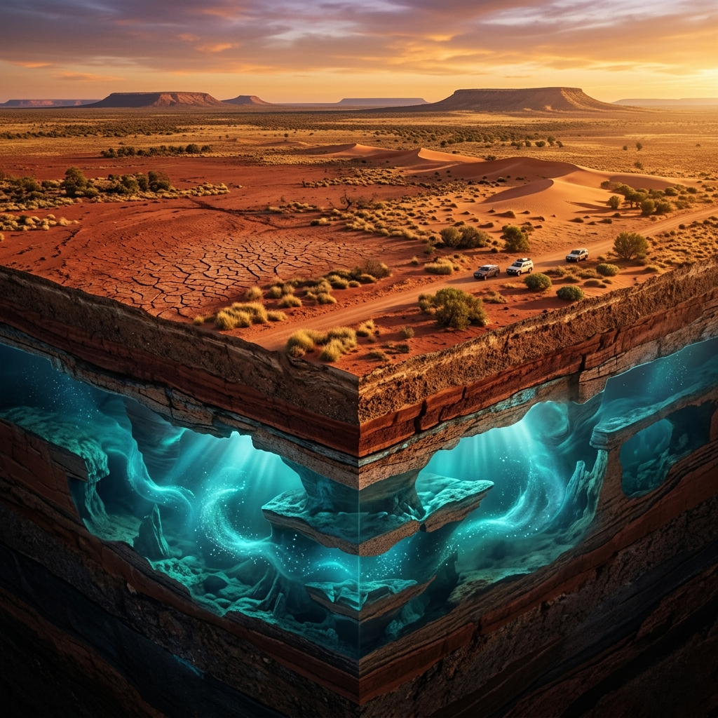 Beneath Australia's arid outback lies a vast, hidden underground ocean, the Great Artesian Basin, larger than Alaska. This ancient water source, some two million years old, is under immense pressure, naturally flowing to the surface through bores. Image Credits: Google Gemini Gemini_Generated_Image_ni5a05ni5a05ni5a
