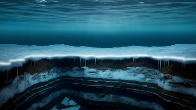 Distinct, ice-rich soil layers and stratified sediments on the seabed, fading into the deep, dark ocean| Image Credit: TIL Creatives Scientists found frozen ground beneath Canada’s Labrador seafloor, and it could reshape permafrost maps