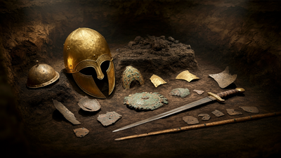 Image illustrating meticulously arranged high-status artifacts from the Prittlewell burial site| Image Credit: TIL Creatives Archaeologists found an intact Anglo-Saxon burial chamber in Essex, challenging old ‘dark ages’ views