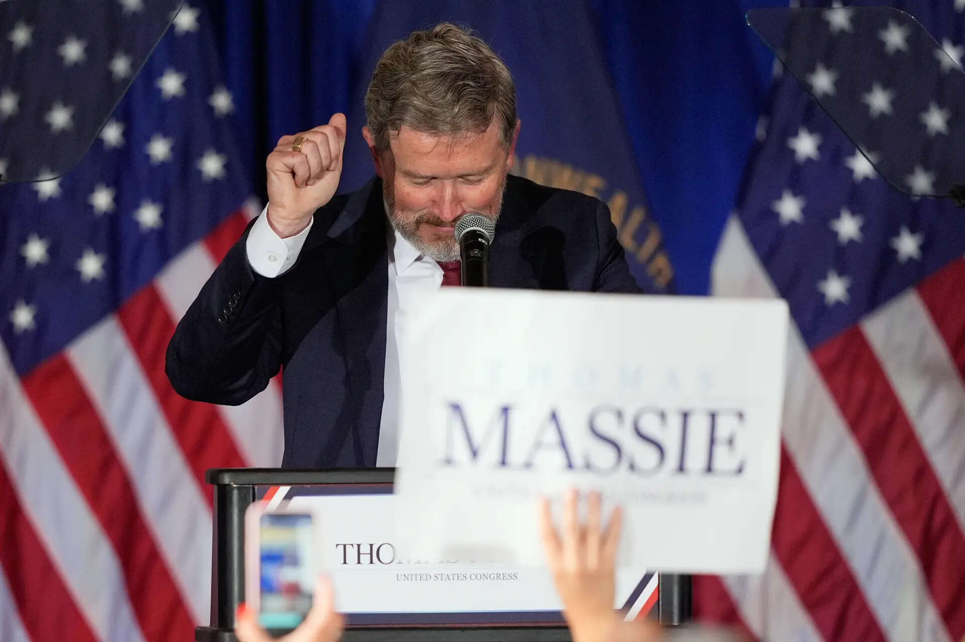 Rep. Thomas Massie, R-Ky., reacts as he speaks during an election night watch party after losing the Republican party's nomination at the Marriott Cincinnati Airport, Tuesday, May 19, 2026, in Hebron, Ky. (AP Photo/Carolyn Kaster) Trump scores another win against Republican rival with Rep. Thomas Massie’s primary loss