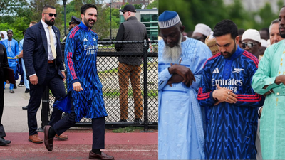 New York City Mayor Zohran Mamdani is seen wearing an Arsenal-inspired thobe during an Eid al-Adha celebration in the Bronx, New York/ Image: X Arsenal Thobe for Eid? Zohran Mamdani goes viral in bold football-themed outfit at Eid al-Adha celebration