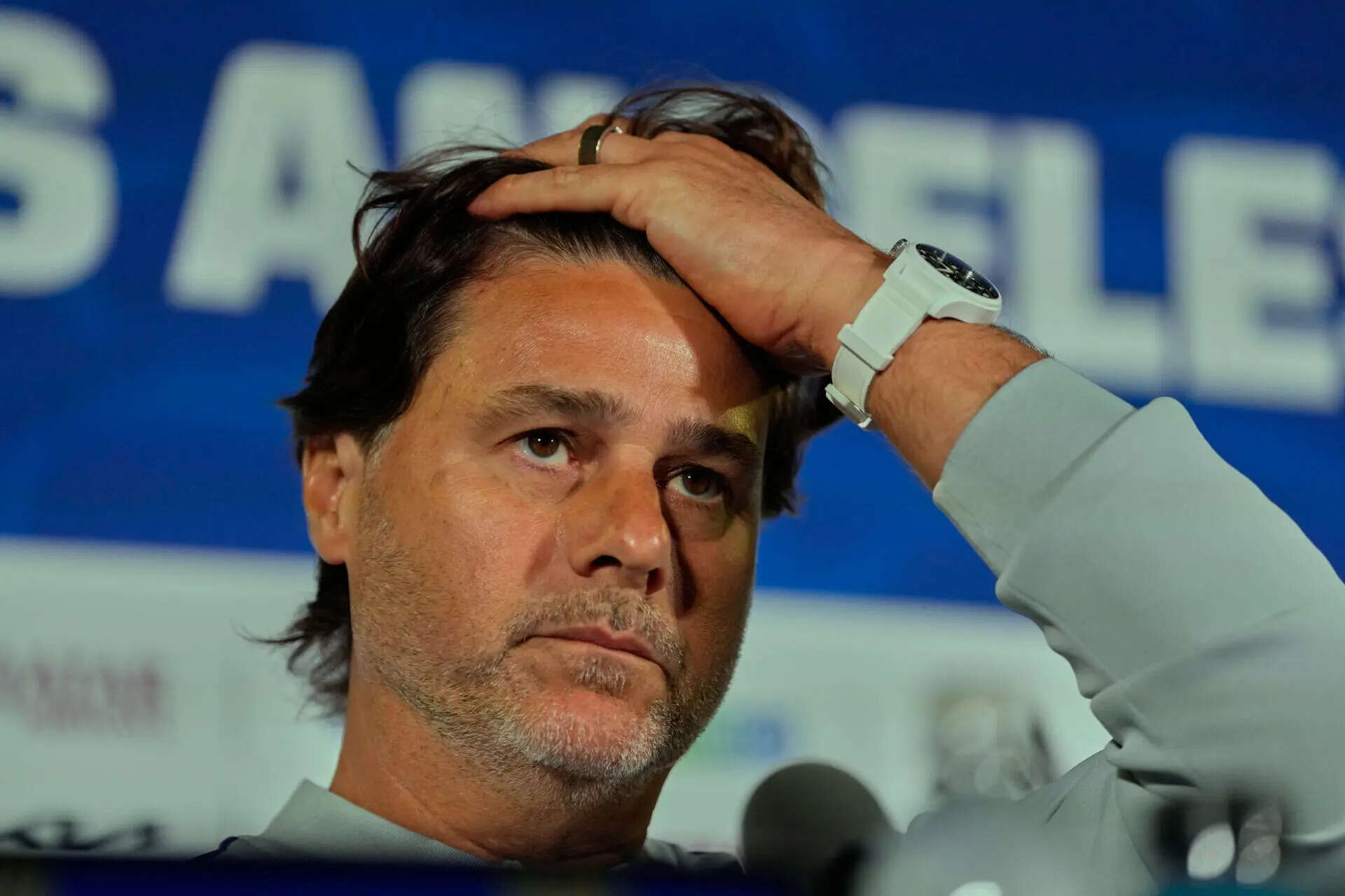 United States head coach Mauricio Pochettino listens to a question during a press conference ahead of his FIFA World Cup match against Paraguay at SoFi Stadium in Inglewood, Calif., Thursday, June 11, 2026. (AP Photo/Andre Penner) US WCup Soccer